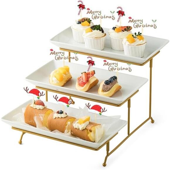3 Tier Serving Stand with Porcelain Serving Platter Tray -Collapsible Gold Stand - Picture 7 of 7